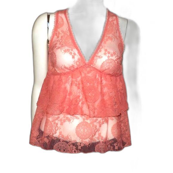 Rue 21 Tank Top All Lace Coral Camisole Ruffled Size Medium Layered Sexy - Picture 1 of 6